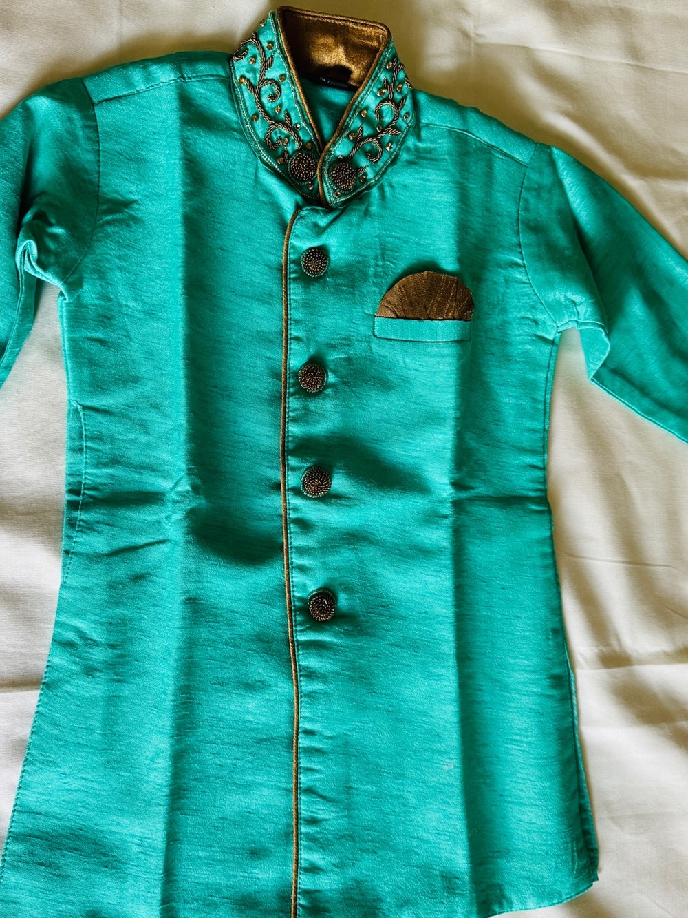 Boys Teal Embroidered Mandarin Collar Kurta Shirt